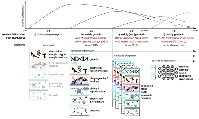 Past to present to future developments in species delimitation approaches, including dataset descriptions and integration. Modern biodiversity research increasingly relies on integrative taxonomic approaches to document, identify, and classify life on Earth. Traditional morphology-based identification has provided the foundation of taxonomy for centuries, but it can be limited when dealing with cryptic species, incomplete specimens, early life stages, or highly diverse groups such as insects, fungi, and microorganisms. Recent advances in digital identification keys, molecular barcoding, and data integration platforms allow researchers to move beyond single-character identification and toward standardized, reproducible, and scalable workflows for documenting biodiversity.